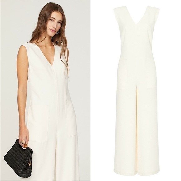 MARINA MOSCONE Ivory Twill Sleeveless V-Neck Wide Leg Ankle Cropped Jumpsuit 6 - Picture 3 of 5